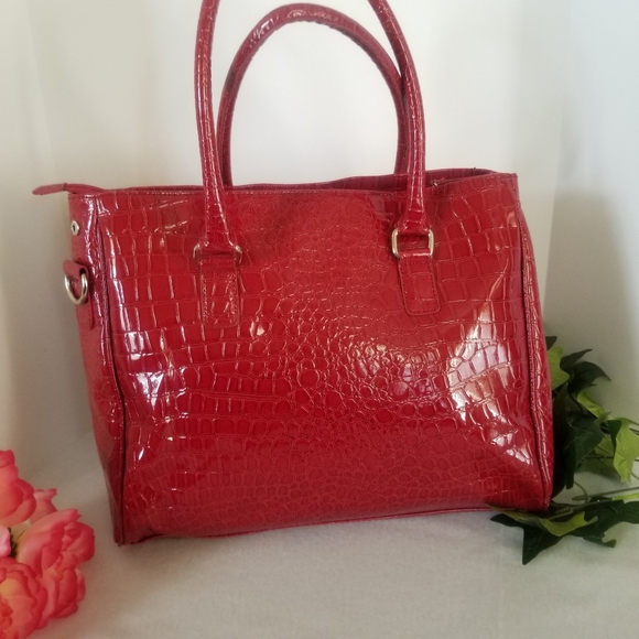 3/$28 NYC Red Tote Bag Croc Faux Leather Design - Picture 2 of 16